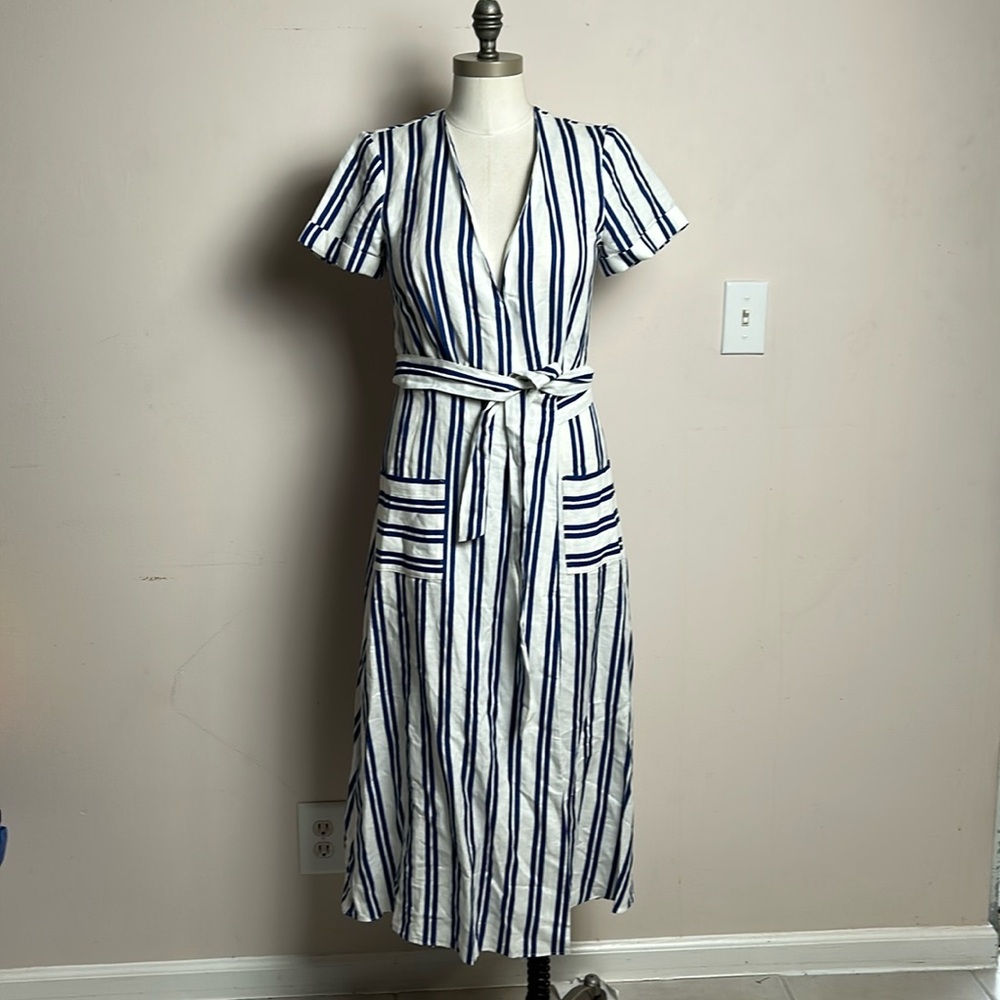 L’Academie Tuscy Linen Blend Blue White Striped V-Neck Midi Wrap Sundress Size S